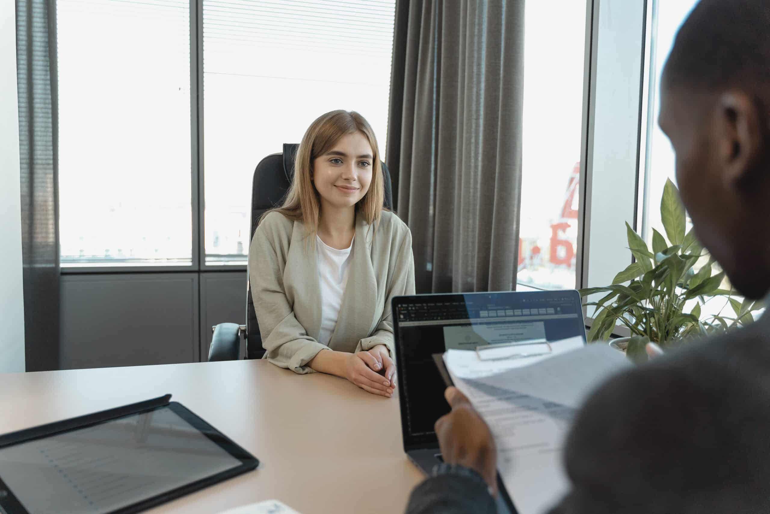 Candidate having a confident job interview conversation