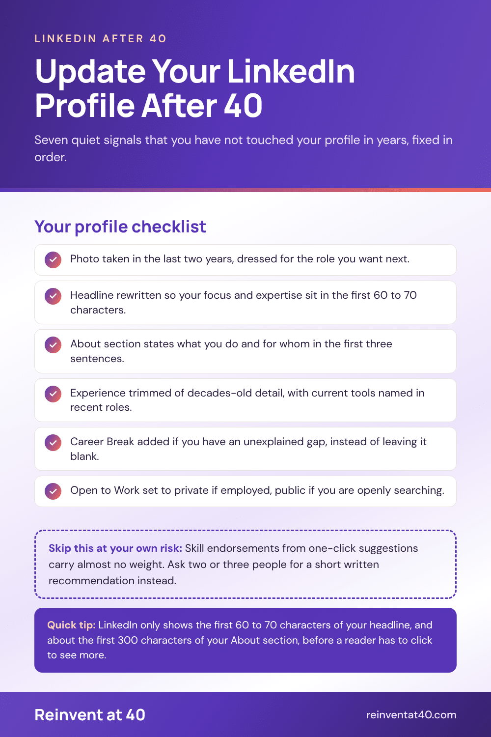 Infographic: seven steps to update your LinkedIn profile after 40